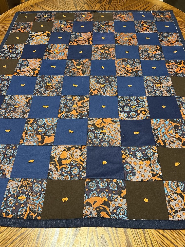 Vintage Patchwork Quilt 36x46 RETRO Blue Orange Brown Polyester Squares *READ