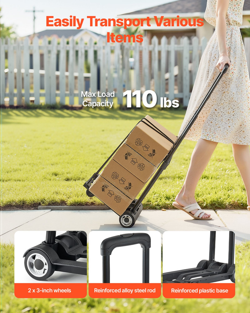 Folding Hand Truck, 110 lbs Load Capacity, Black