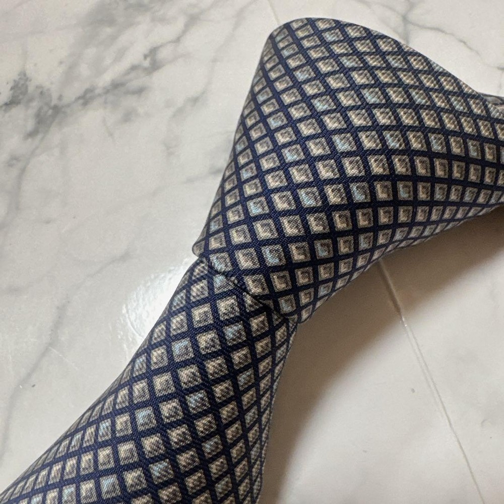 HERMES Square Pattern Tie Navy Gray with Box