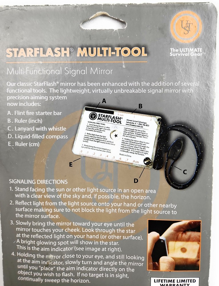 UST: StarFlash Multi-Tool Mirror w/Ferro Rod Compass Whistle Ruler and more