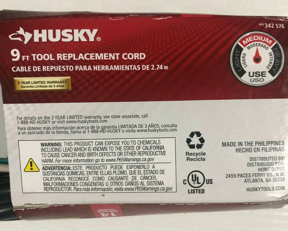 HUSKY - 9' Tool Replacement Cord - 342-576 - NEW