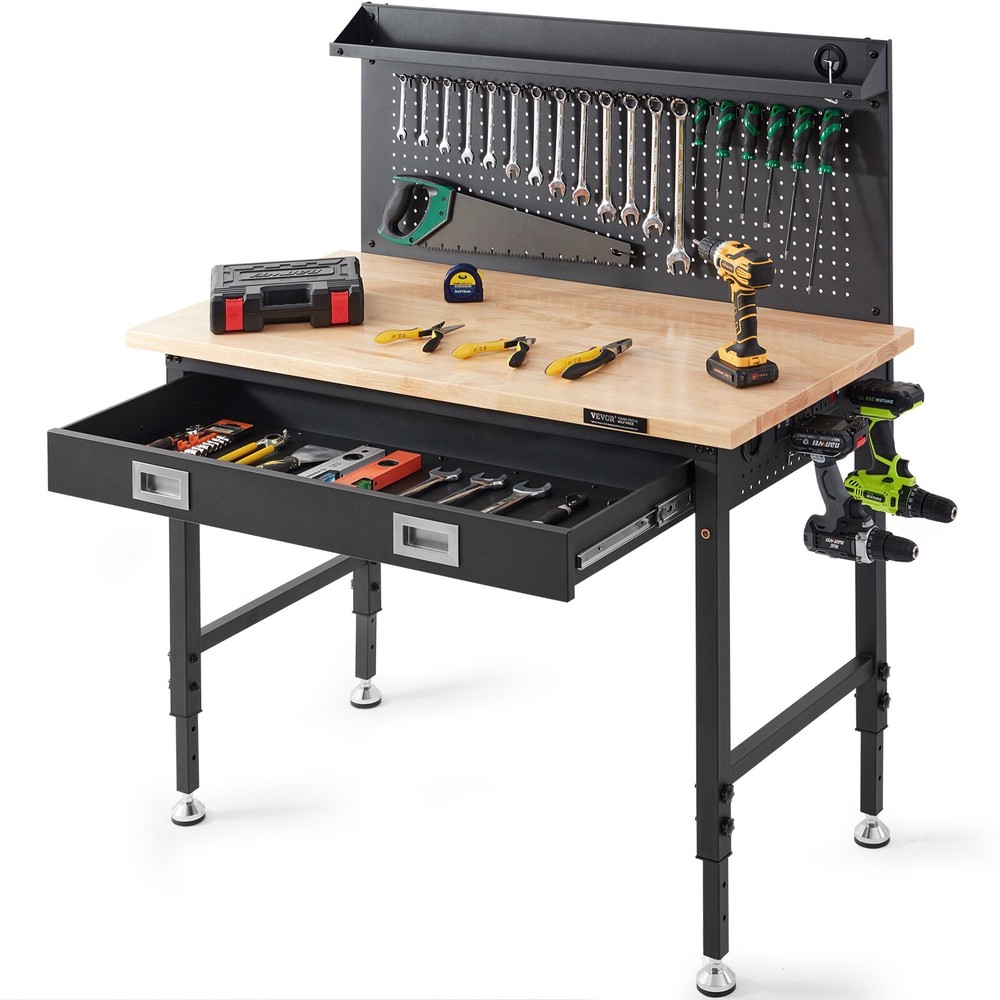 VEVOR Workbench 48"X24" Solid Wood Top Workbench with Drawer Pegboard Outlets