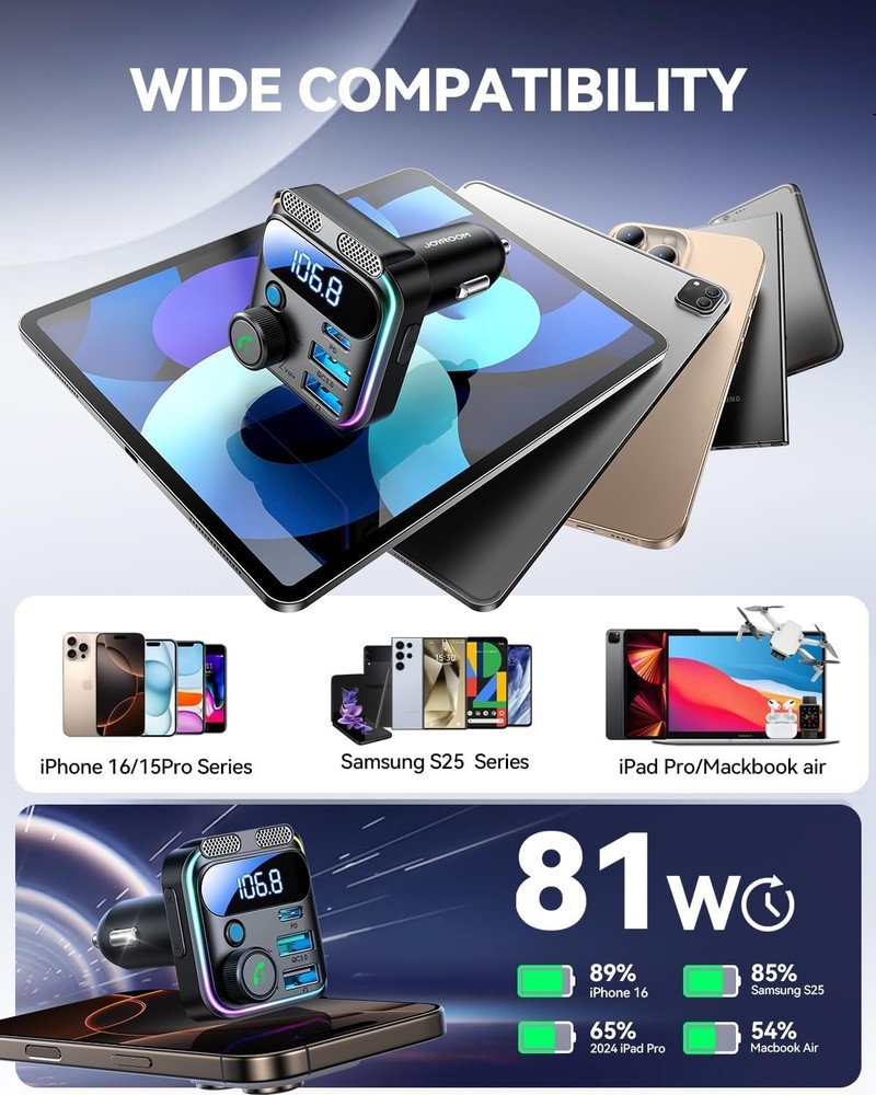 LED Display 81W Bluetooth FM Transmitter & USB C Charger with HiFi Sound Quality