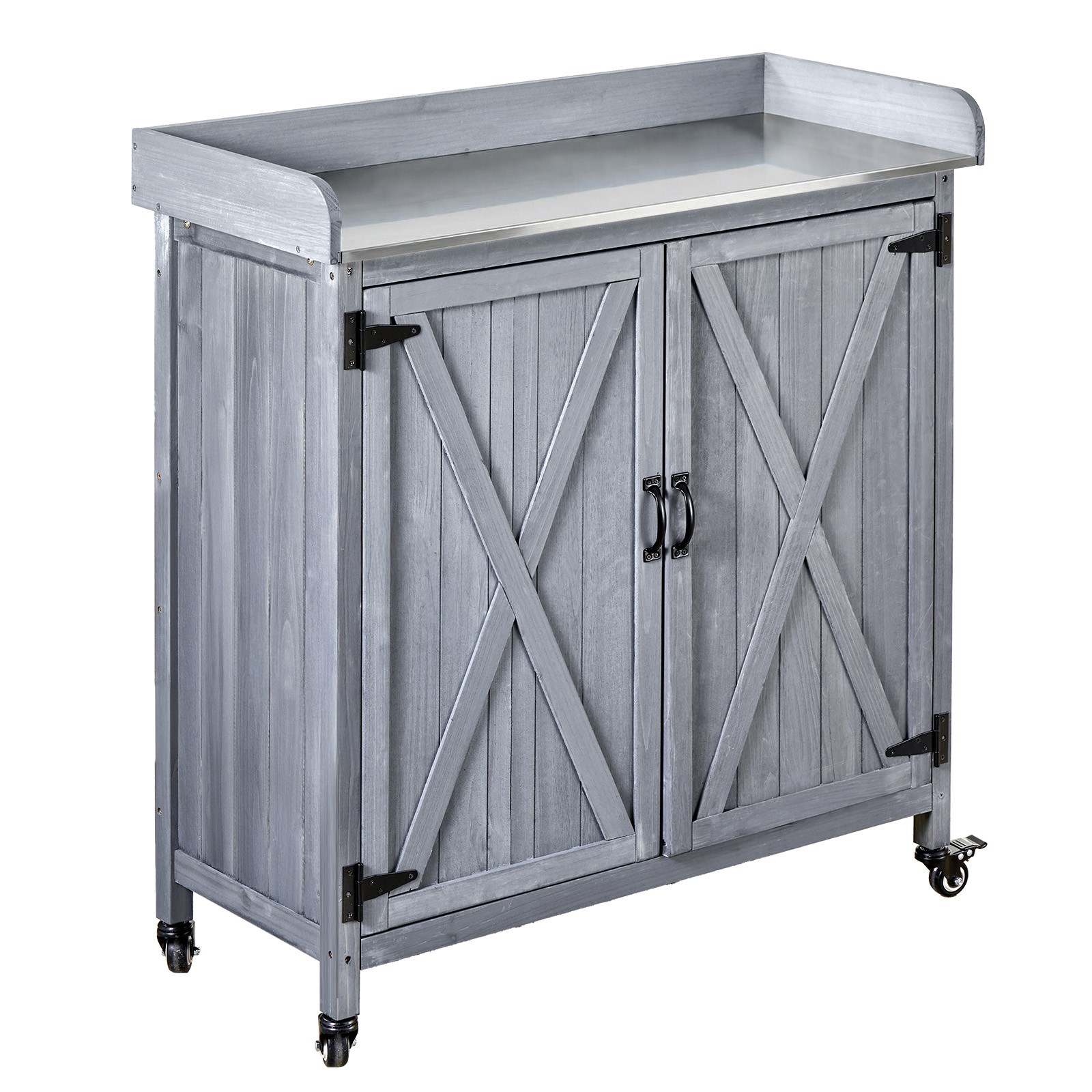 Uimoso Outdoor Wooden Potting Bench with Iron Work Surface and Storage Cabinet