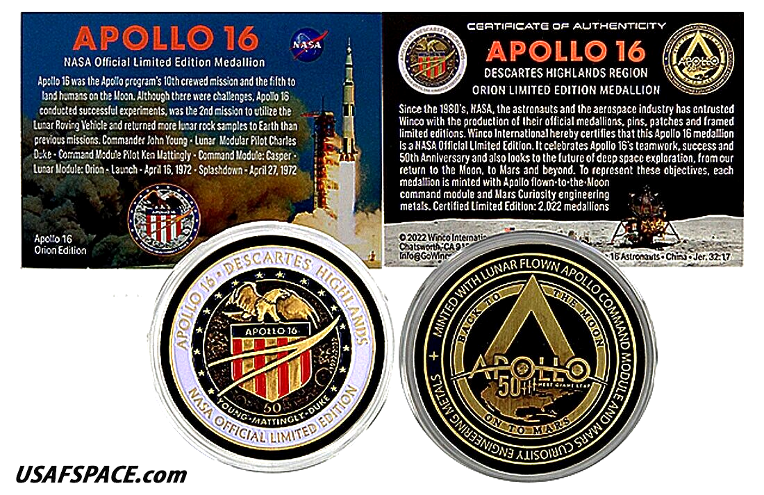 APOLLO-16 -Special Edition- 50th Anniversary - LUNAR FLOWN METAL NASA MEDALLION