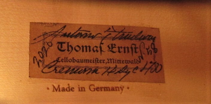 Very fine new GERMAN cello labeled THOMAS ERNST