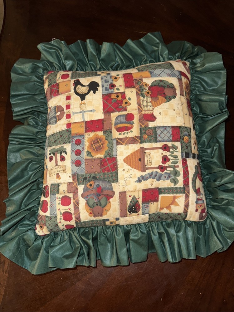 Country Ruffled Patchwork Throw Pillow Hand Sewn