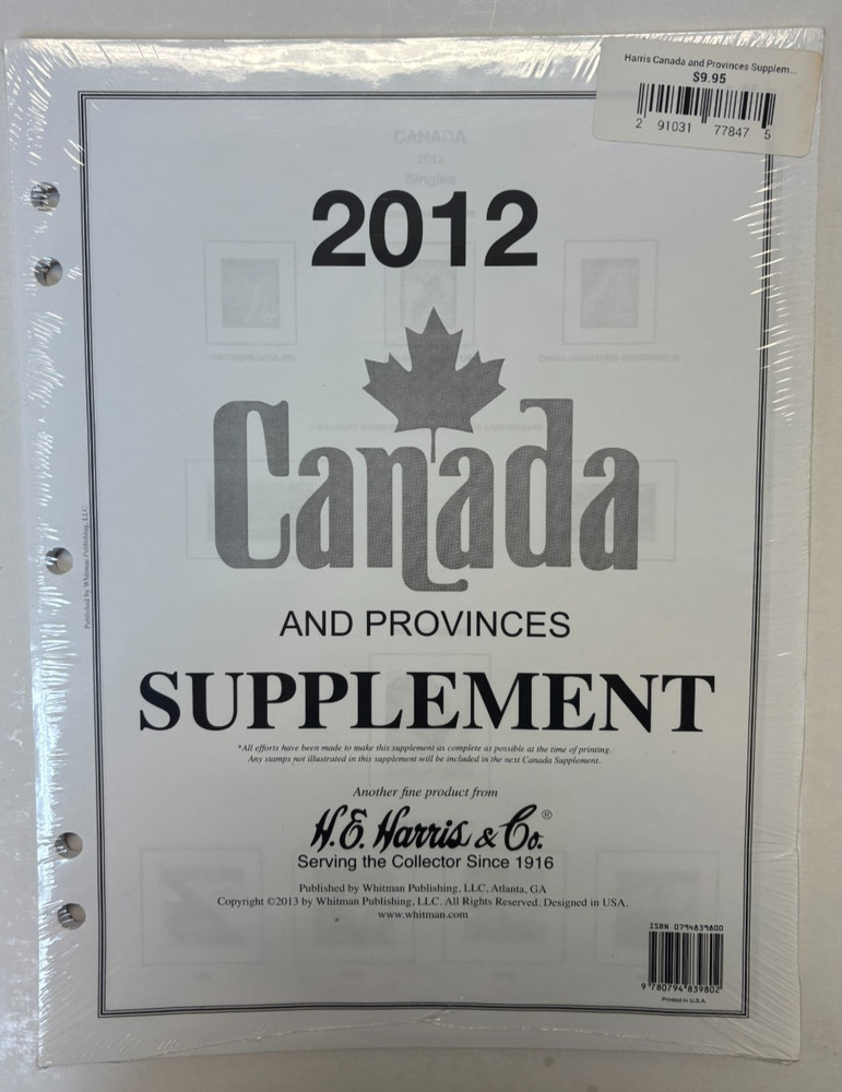 Harris Canada & Provinces 2012 Stamp Album Supplement. NEW