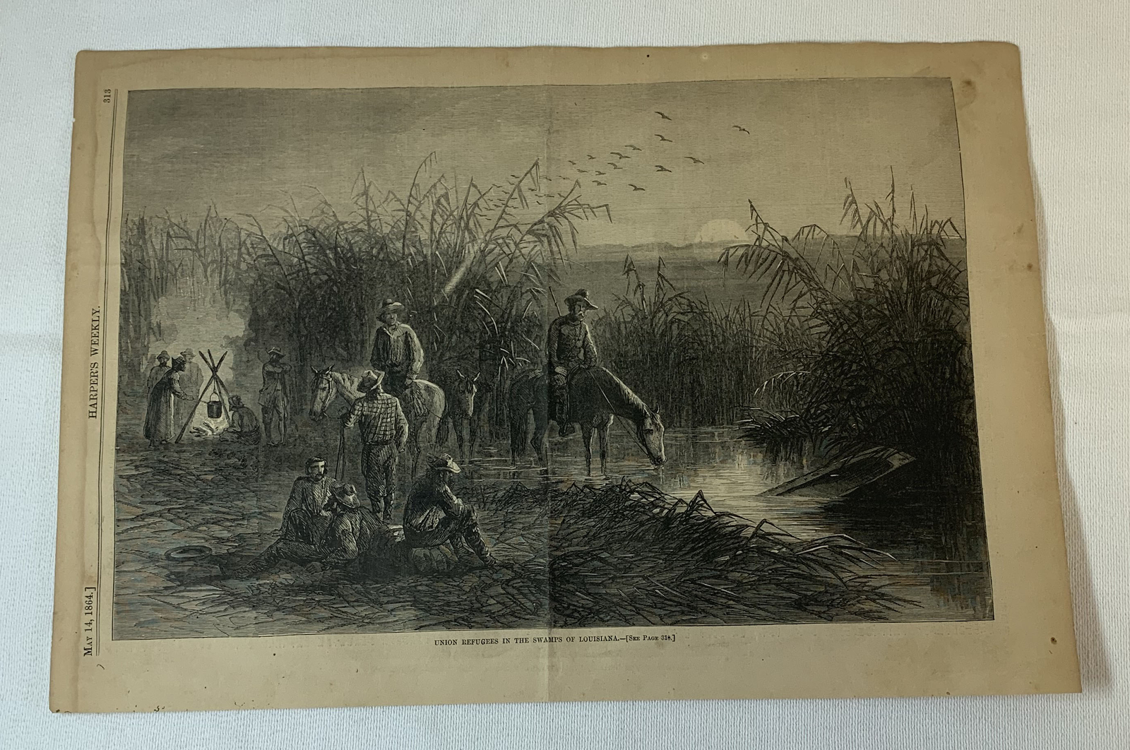 1864 magazine engraving ~ UNION REFUGEES IN THE SWAMPS OF LOUISIANA