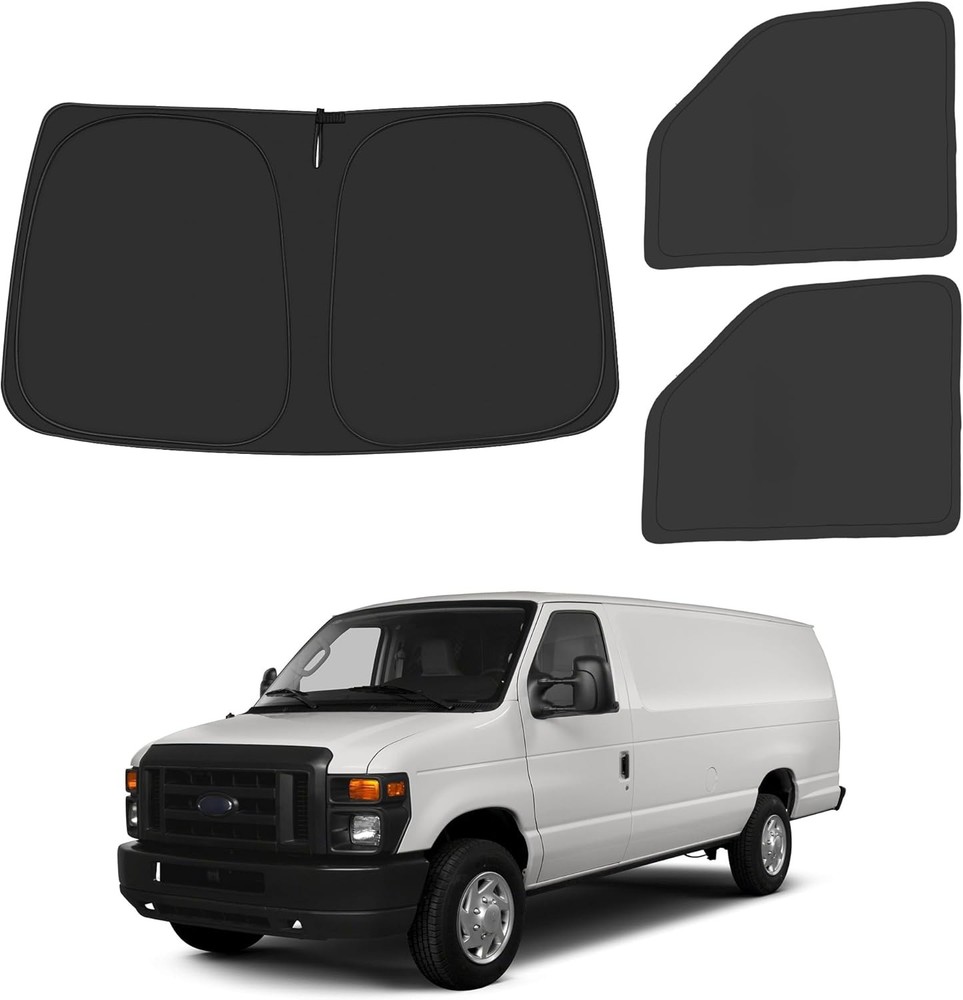 Front Side Window Sun Shade Silver & Black-Fit Ford E-150 E-250 E-350 E-450