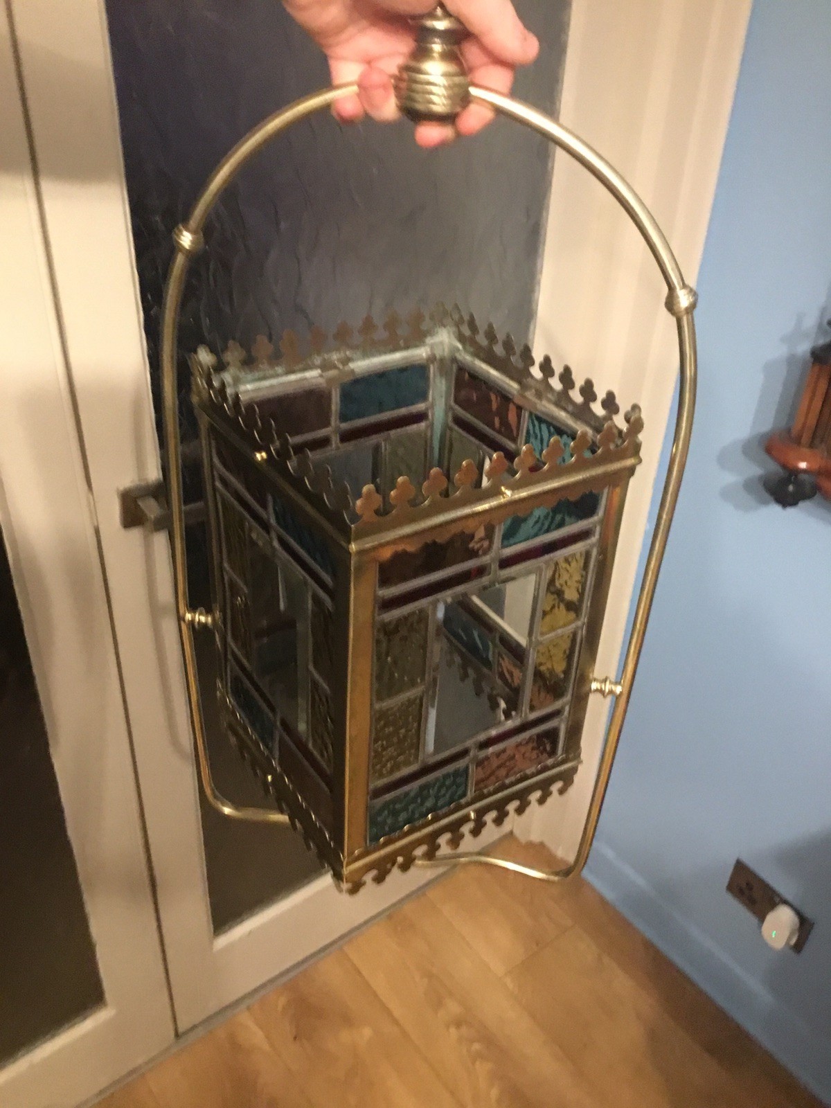 A BEAUTIFUL ANTIQUE BRASS & STAINED GLASS HALL LANTERN ,circa-1870.