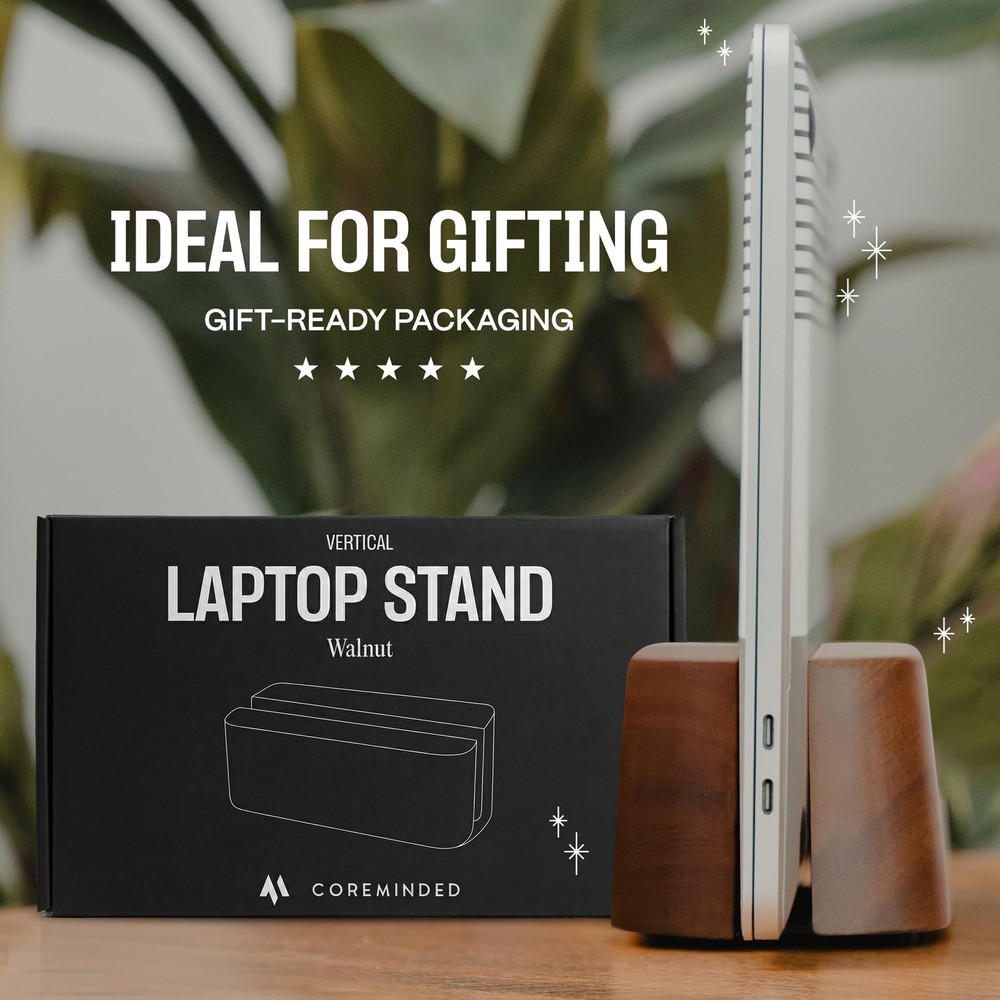 COREMINDED Adjustable Vertical Laptop Stand for Desk, Single, Solid Walnut