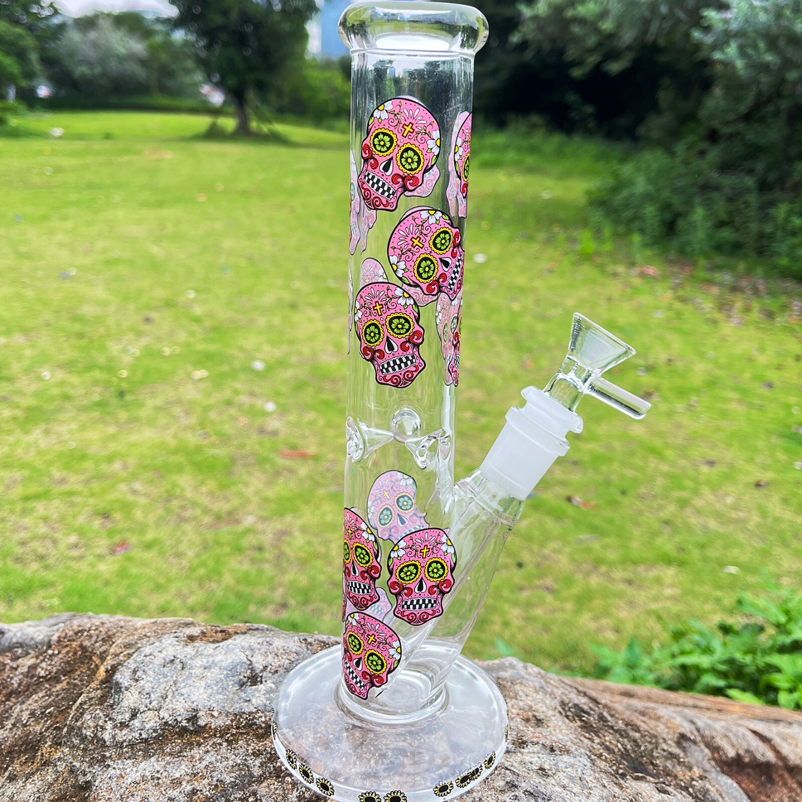 10" Glass Bong Smoking Hookah Water Pipes Pink Skull Tobacco Beaker 14mm Bowl