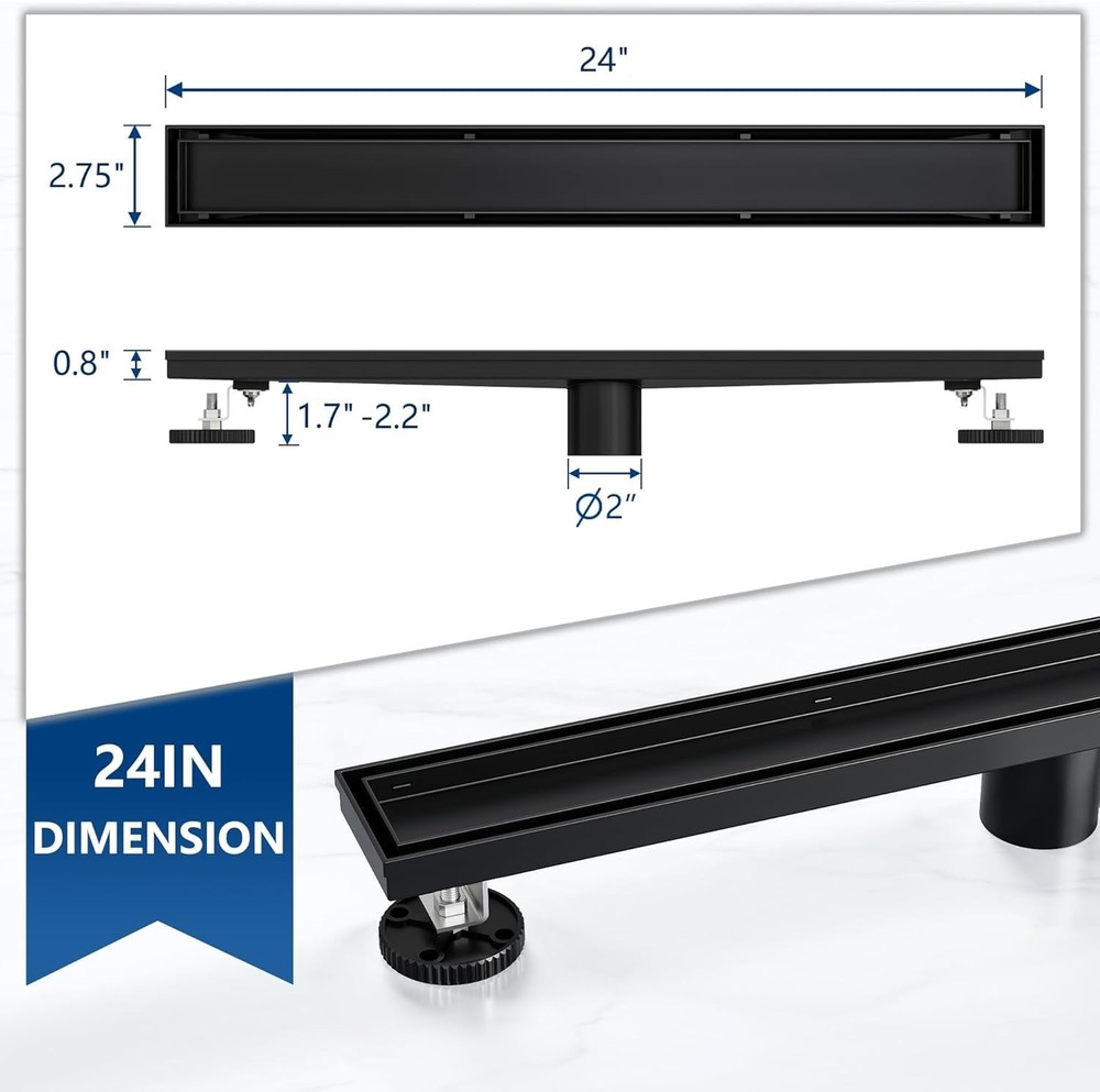 Modern Matte Black Rectangle Shower Drain, 24" Linear Drain
