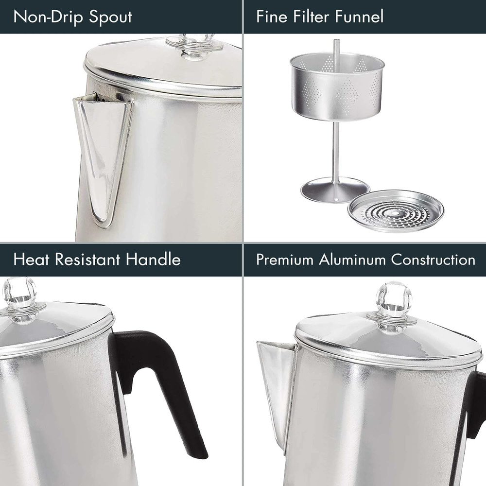 Stovetop Coffee Percolator Aluminum 9 Cup Durable Brew Maker Silver