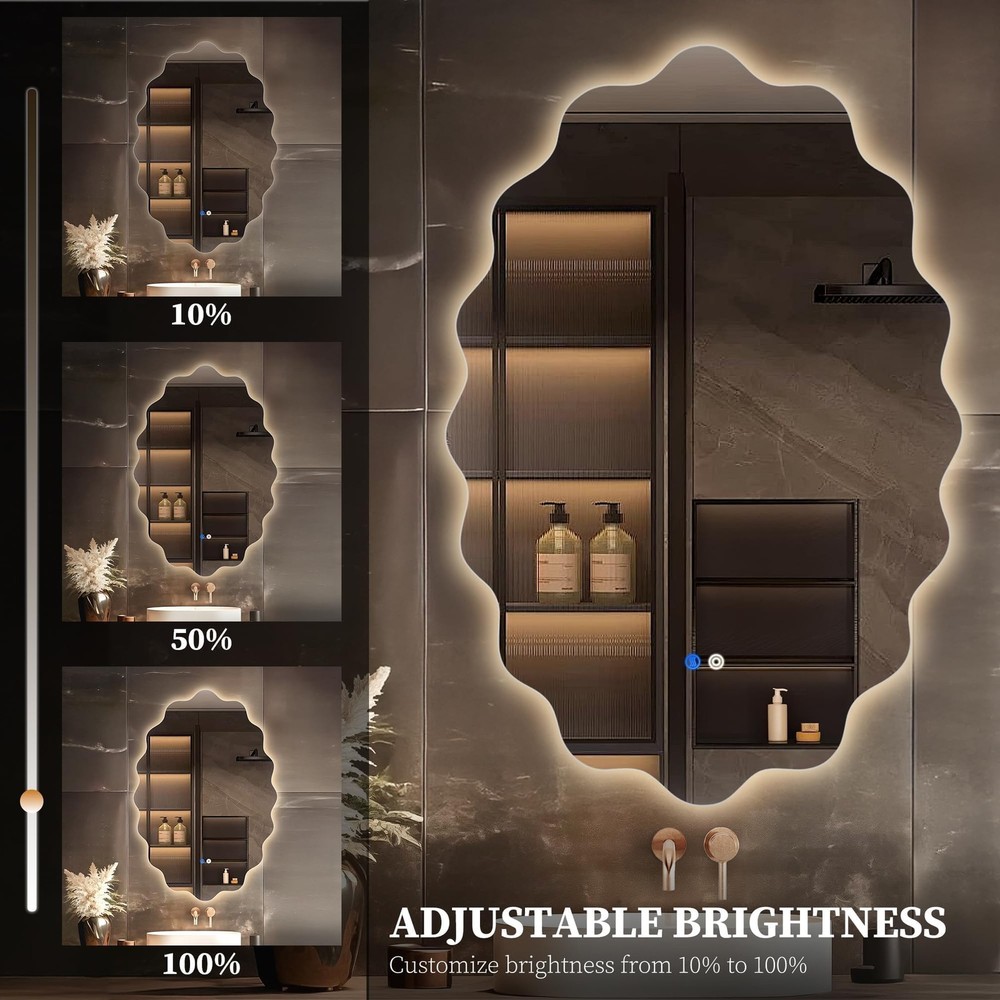 Oval Irregular Wave LED Bathroom Wall Mirror, Dimmable Backlit Mirror with 3 ...