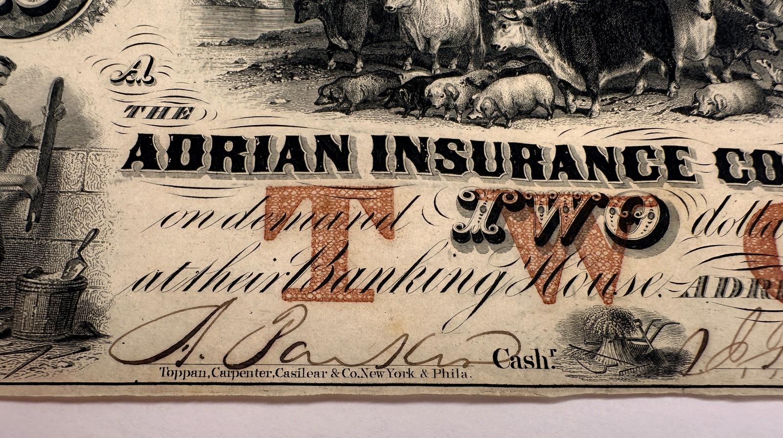 1853 $2 Adrian Insurance Company Michigan Obsolete Bank Note Two Dollars Bill MI