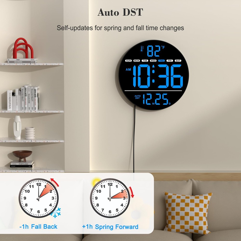 Large Digital Wall Clock with LED Display, Electric Wall Clock with Temperatu...