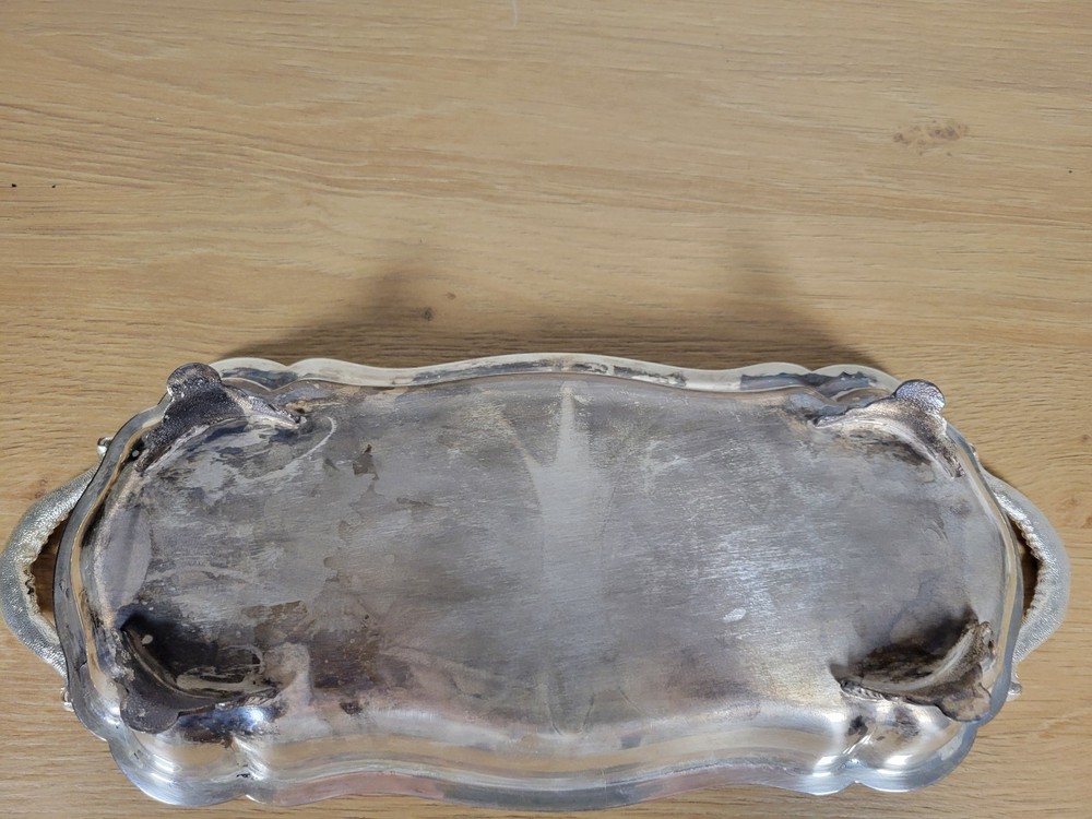 Silver Plate Etched Serving Tray Footed with Handles 13" Rectangular