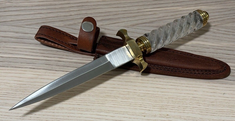 11” Boot Knife Ice Dagger Spear Tip Double Edge Brass Crystal Handle Leather
