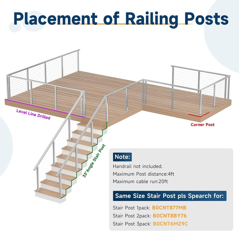 36" Stainless Steel Cable Railing Post with Fixed Top and Sleeves