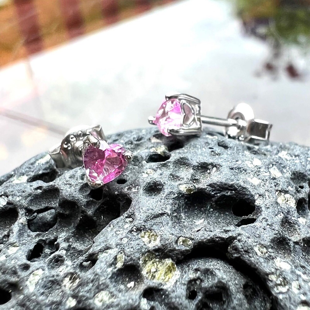 Tiny Lab Grown Pink Sapphire Heart Stud Earrings Solid Sterling Silver 925