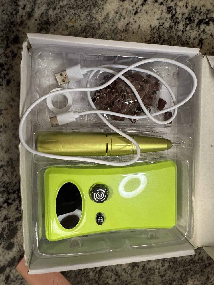 Portable Electric Nail File & Drill Kit, Rechargeable, Green, Bits & Cable