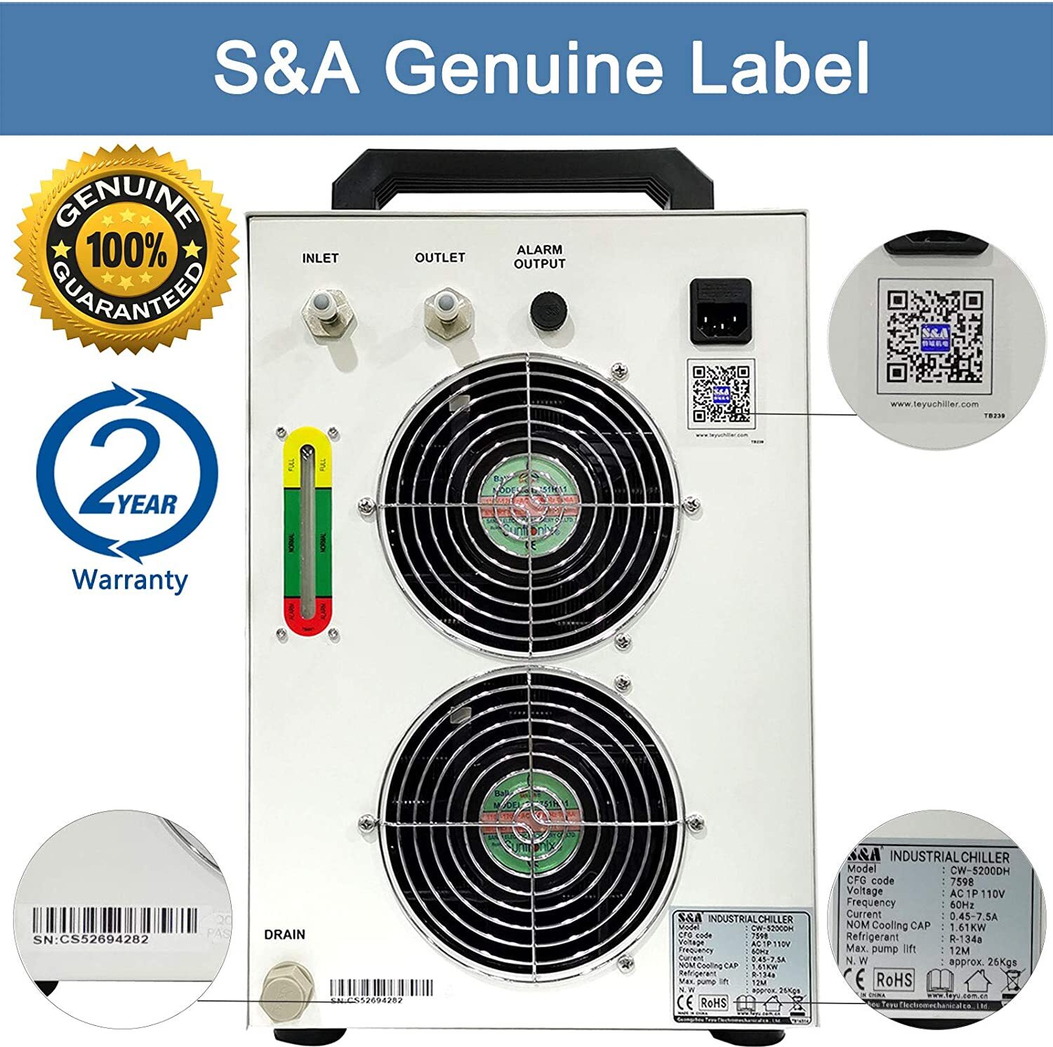 Genuine S&A CW-5000 DG 110V Water Chiller Cool 80W 100W CO2 Laser Tube US Stock