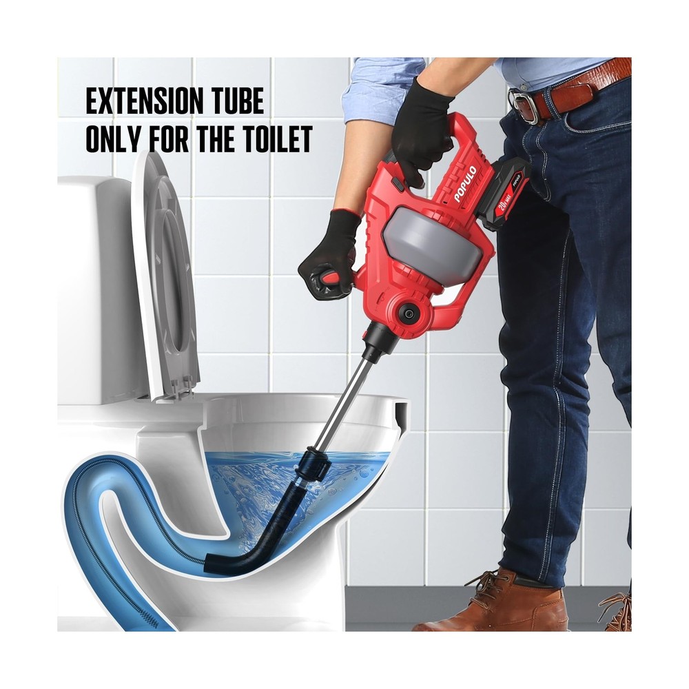 POPULO 20V Cordless Electric Drain Snake, 25Ft Replaceable Cable with 2.0Ah B...