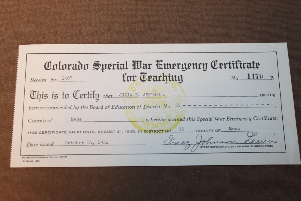 Original WW2 U.S. Homefront Colorado Special War Emerg. Certificate for Teaching