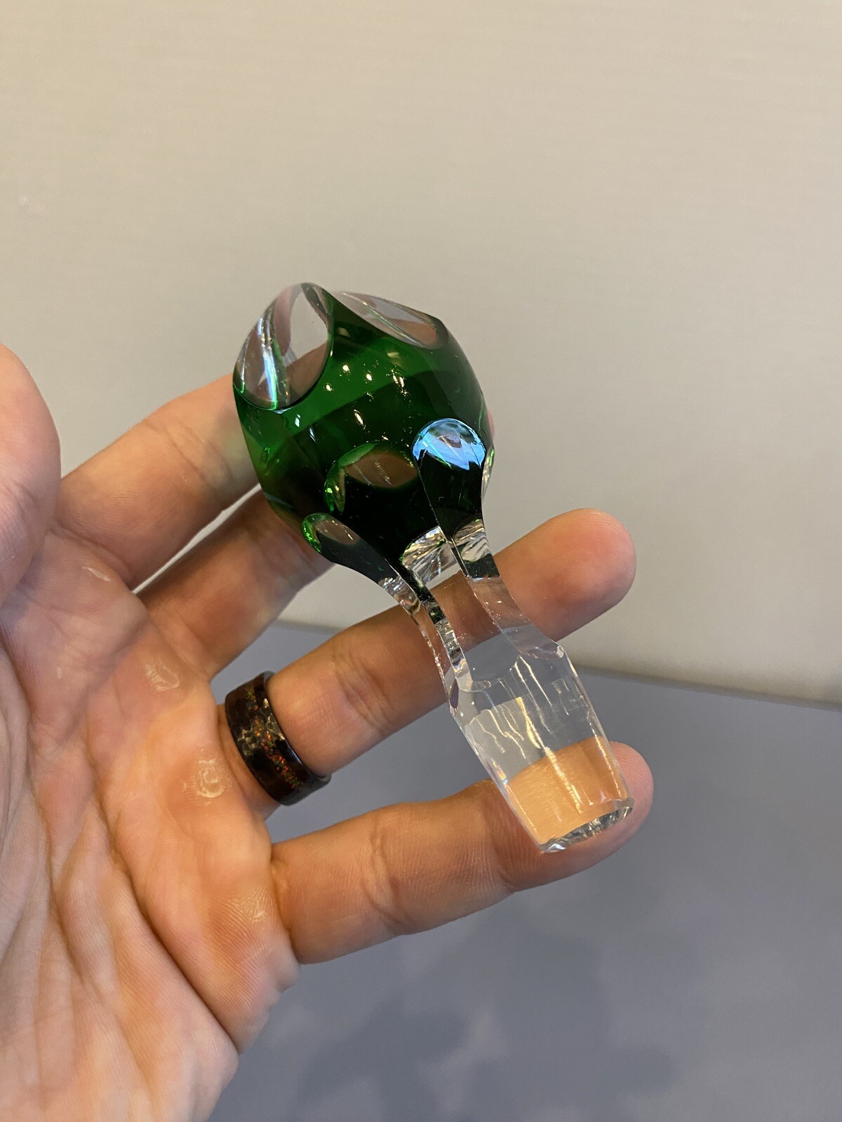 STUNNING VTG Emerald Green Cut To Clear Crystal Decanter W/Stopper 15.25"H