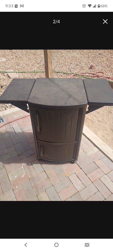 Suncast Storage Deck Box Brown Plastic with Wheels, Double Doors, Side Shelves