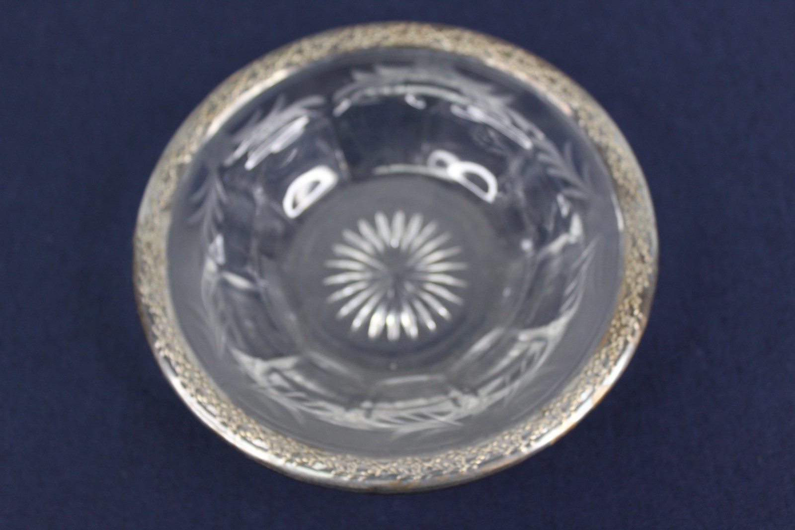 VTG Cut Glass with Sterling Silver Rim Bowl Berry and Leaves Pattern 6 1/2 inch