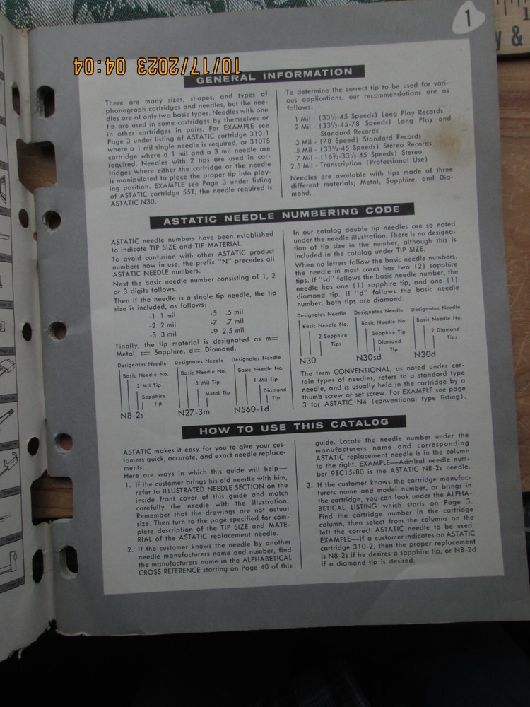 astatic needle Replacement guide Catalog 1961