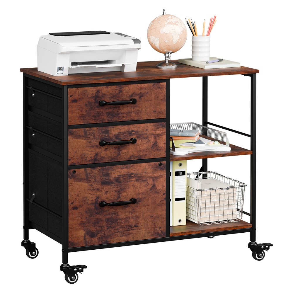 Mobile File Cabinet w/ 3 Drawers & Open Shelf Rolling Printer Stand Rustic Brown