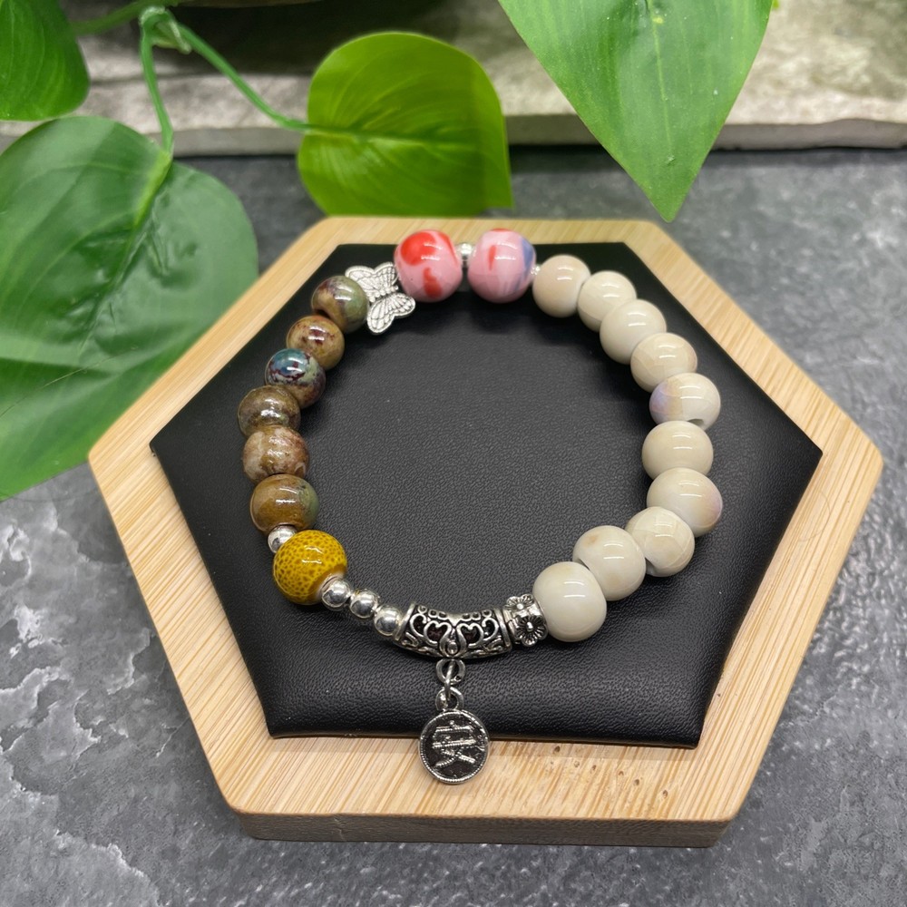Handmade Ceramic Bead Beaded Stackable 6.25” Plus Stretch Bracelet New B498