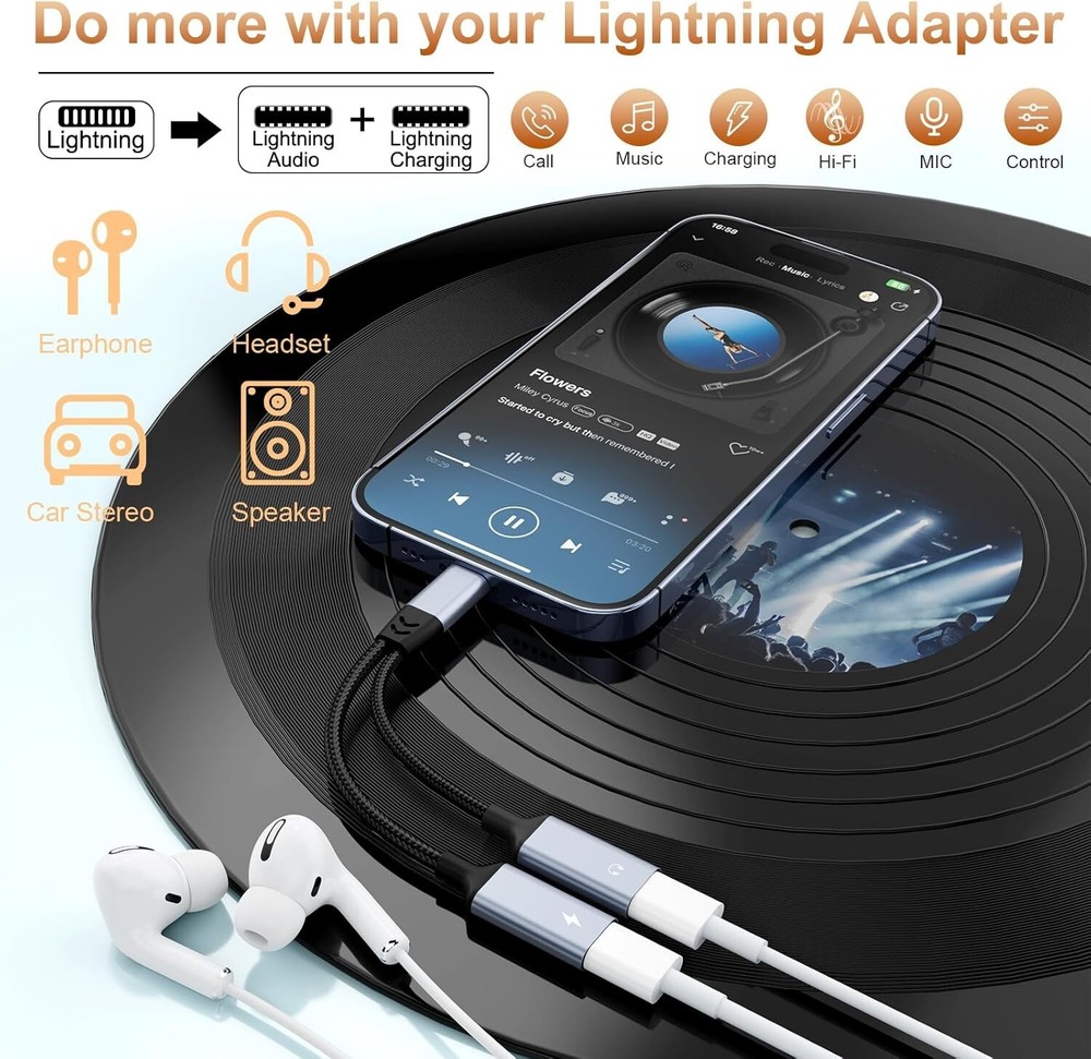 iPhone Splitter for Charging & Headphone Adapter to two Lighting MFi-Certified