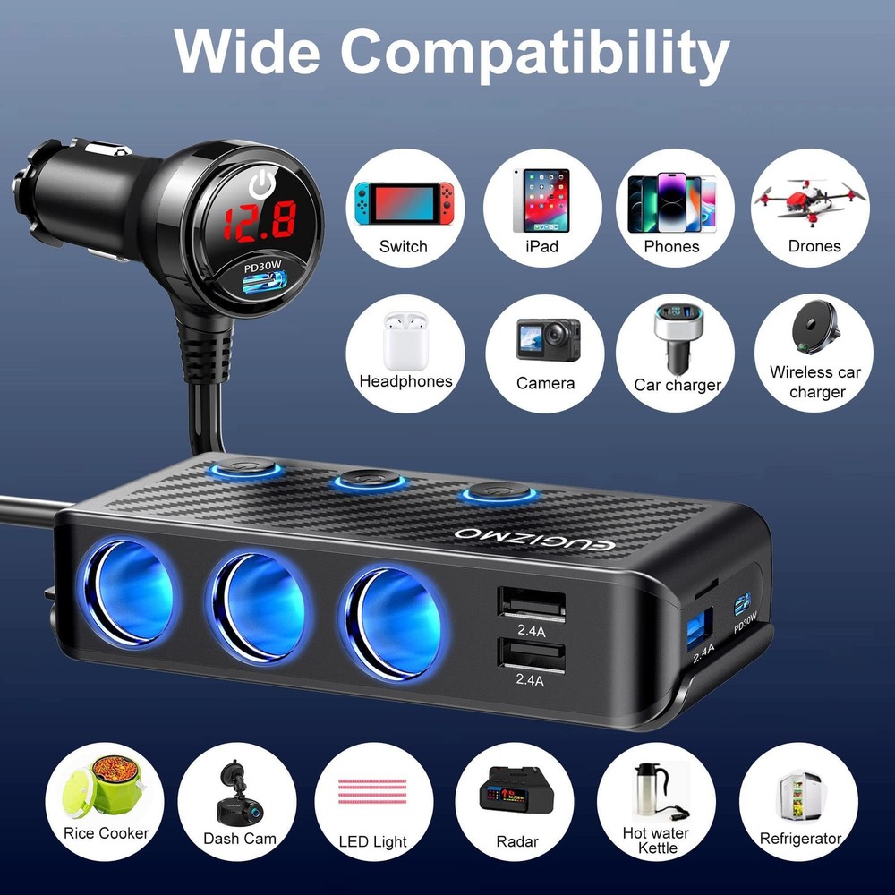 EUGIZMO Cigarette Lighter Adapter, 222W 3 Socket Car Black