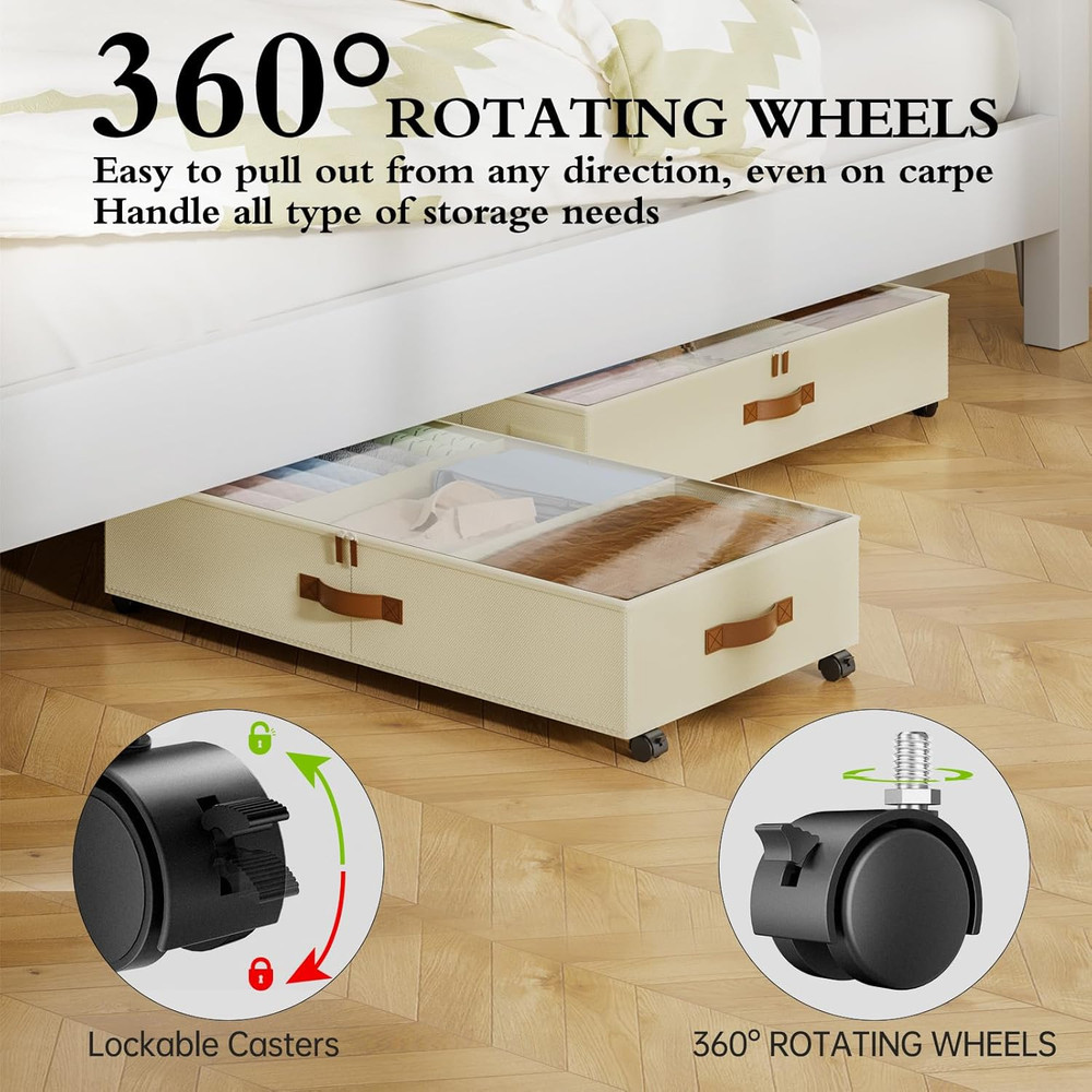 Rolling Under Bed Storage Bins with Wheels, 4 Pack, Adjustable Dividers, Beige