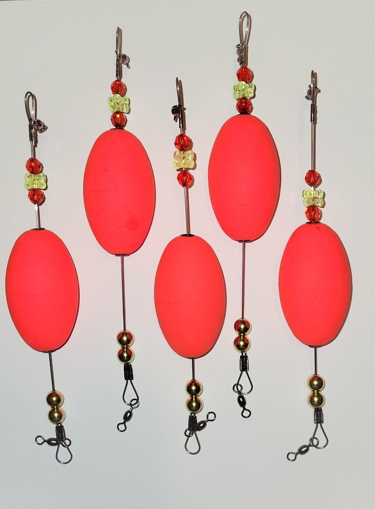 5 Popping Float Rigs, Red 2-1/2" Oval Float, Wire Leaders, 9 Inch Length