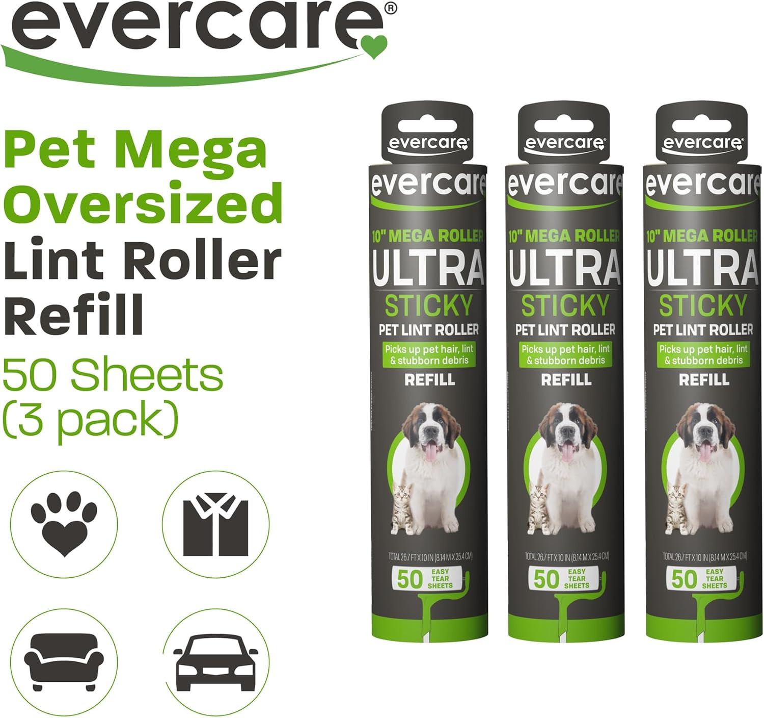 Evercare Pack of 3 All-Purpose Pet Mega Oversized Lint Roller Refills, 50 Sheets