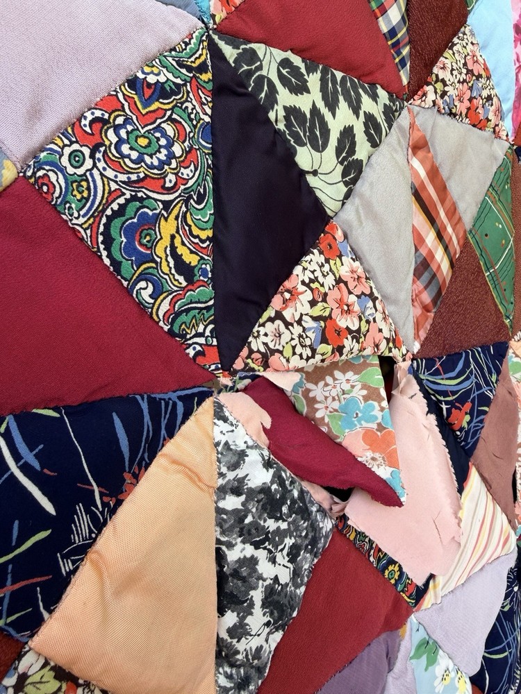 Vintage Handmade Satin Triangle Patchwork Quilt 74x88 Distressed Rustic Cowboy