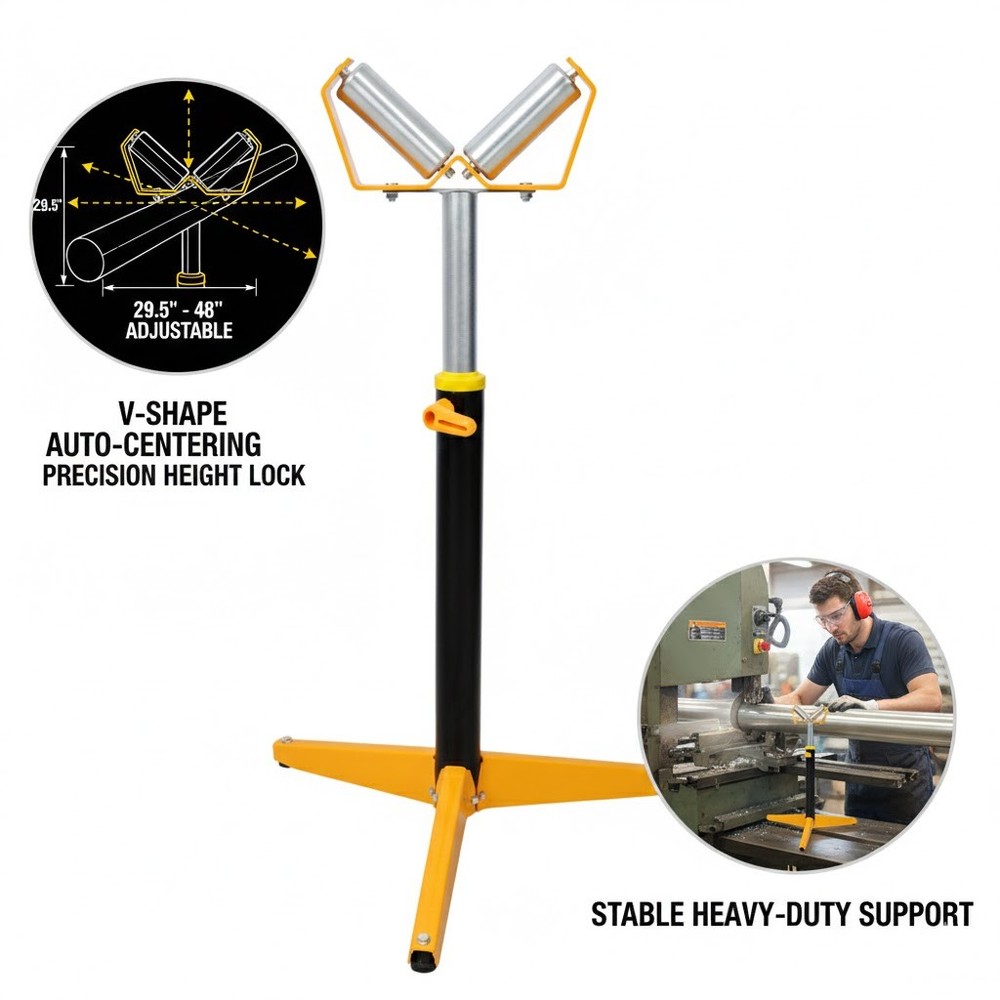 Heavy Duty V-Shape Roller Stand Adjustable Height 29.5-48 Material Support Steel