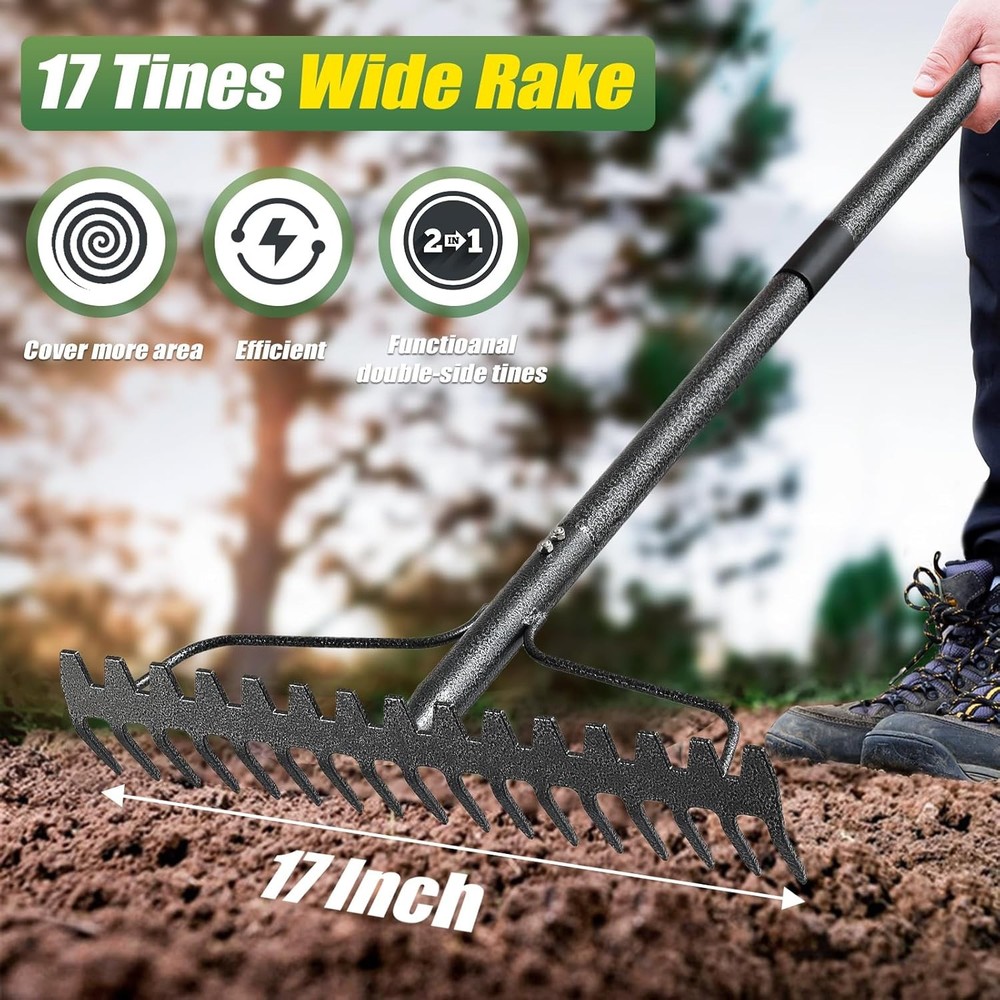 Garden Rake, 5FT Bow Rake Heavy Duty Leveling with Adjustable Gray