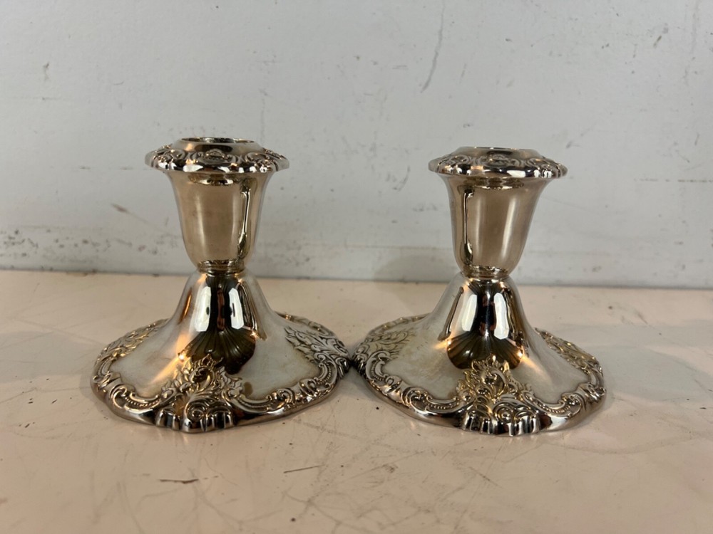 Vintage Wallace Baroque Pair of Silver Plate Candlesticks