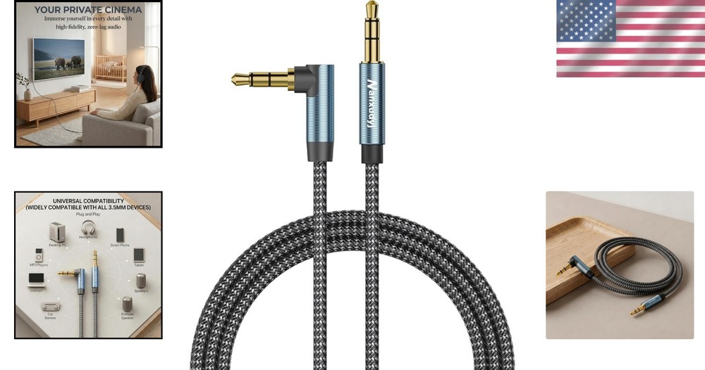 Durable 10ft 3.5mm Stereo Audio Cable - Tangle-Free Right Angle Connector