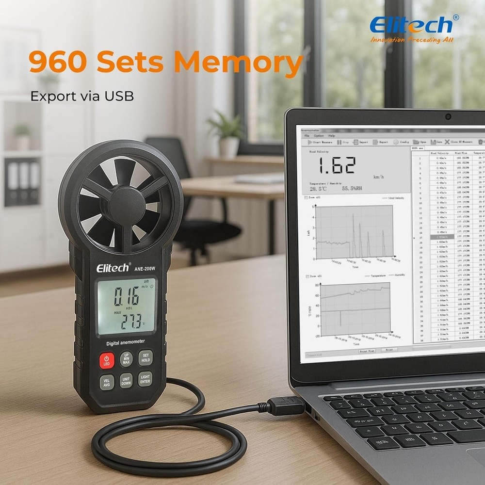 ANE-200W Bluetooth Anemometer, Digital Wind Speed Meter w Temperature & USB Data