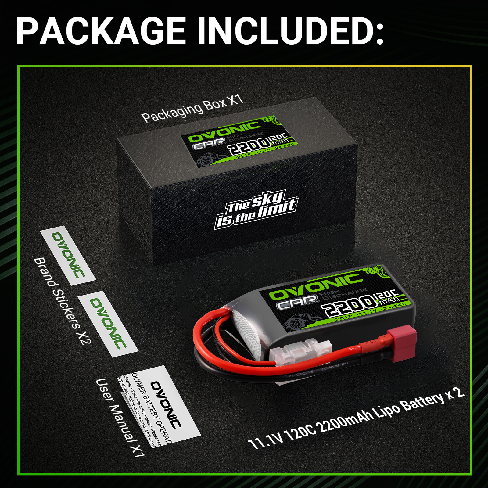 2X OVONIC 11.1V 120C 2200mah 3S Lipo Battery Deans for RC Car truck Airplane