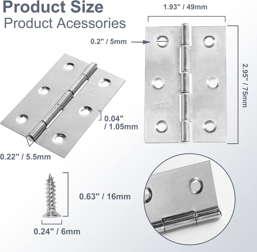 3" Door Hinge, 12 Pcs Stainless Steel Butt Hinges, Silver Window Hinges, Interi