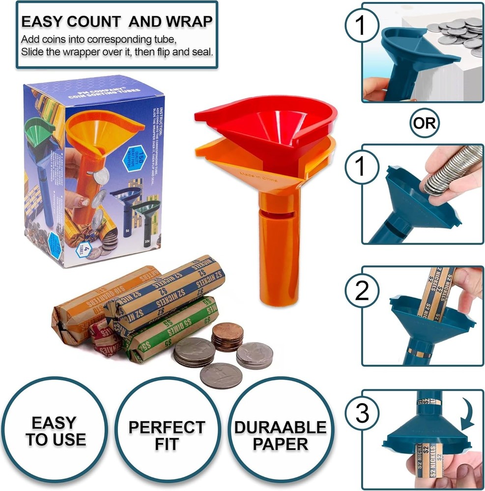 COLOR-CODED Coin Sorting Tubes Set w/150 Coin Wrappers for Quarters